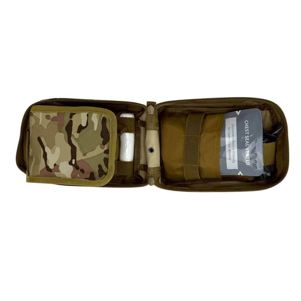 H2K MULTICAM IFAK AND FIRST AID KIT OPEN VIEW. MULTIPLE STORAGE PUCHES AND BOTTOM DRIAN HOLE.