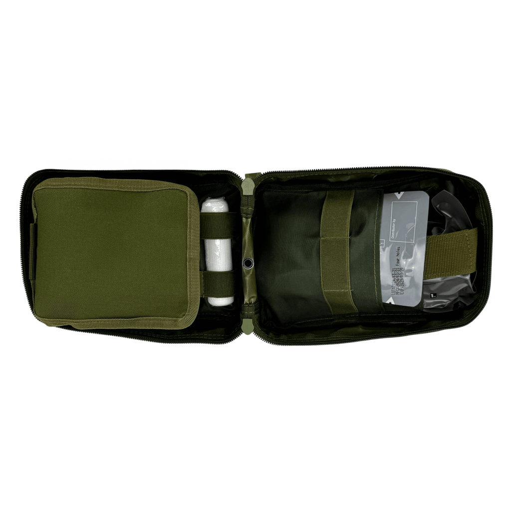 H2K GREEN IFAK AND FIRST AID KIT OPEN VIEW. MULTIPLE STORAGE PUCHES AND BOTTOM DRIAN HOLE.