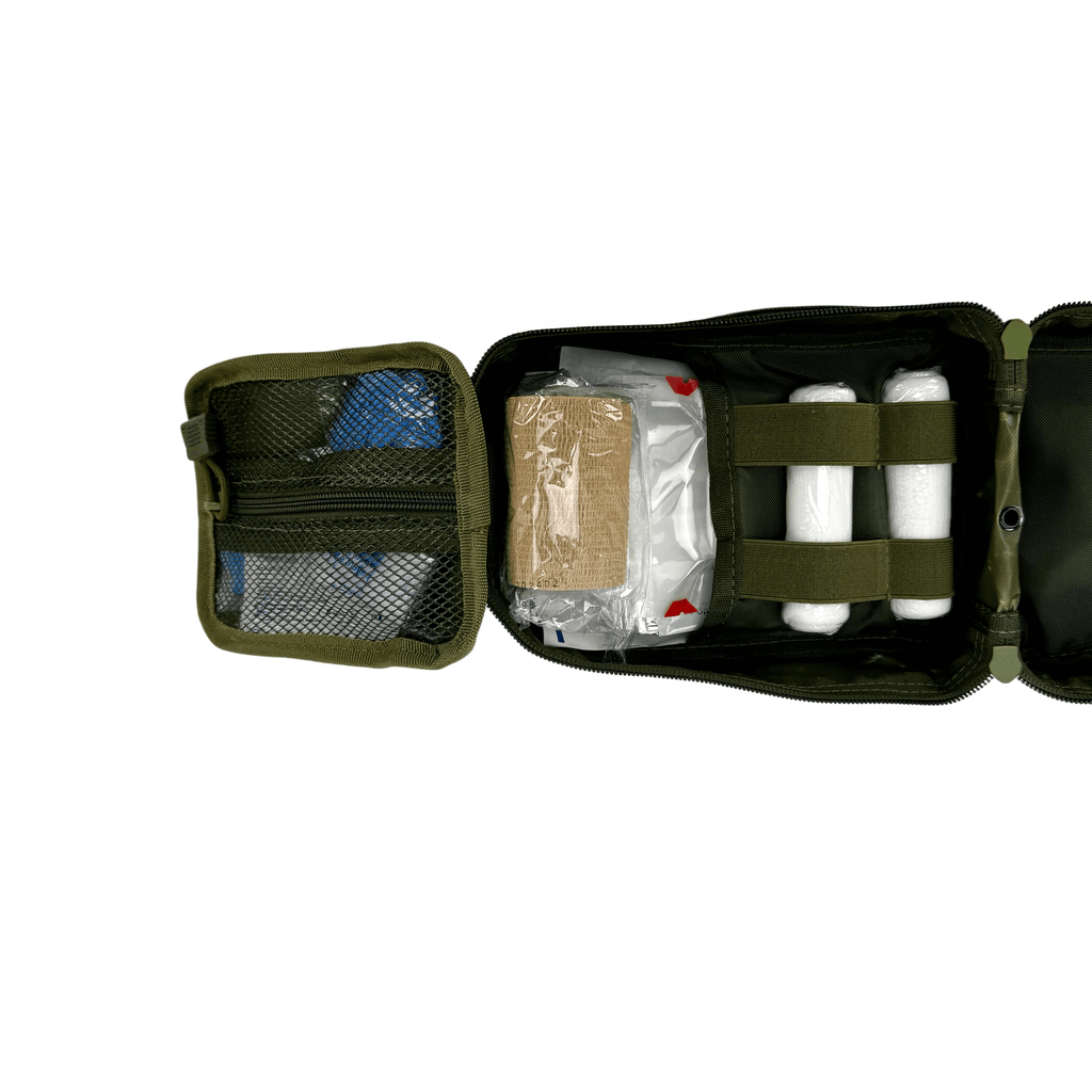 GREEN H2K ADVANCED FIRST AID KIT (AFAIK) OPEN VIEW OF COMPARTMENT STORAGE OF MEDICAL SUPPLIES