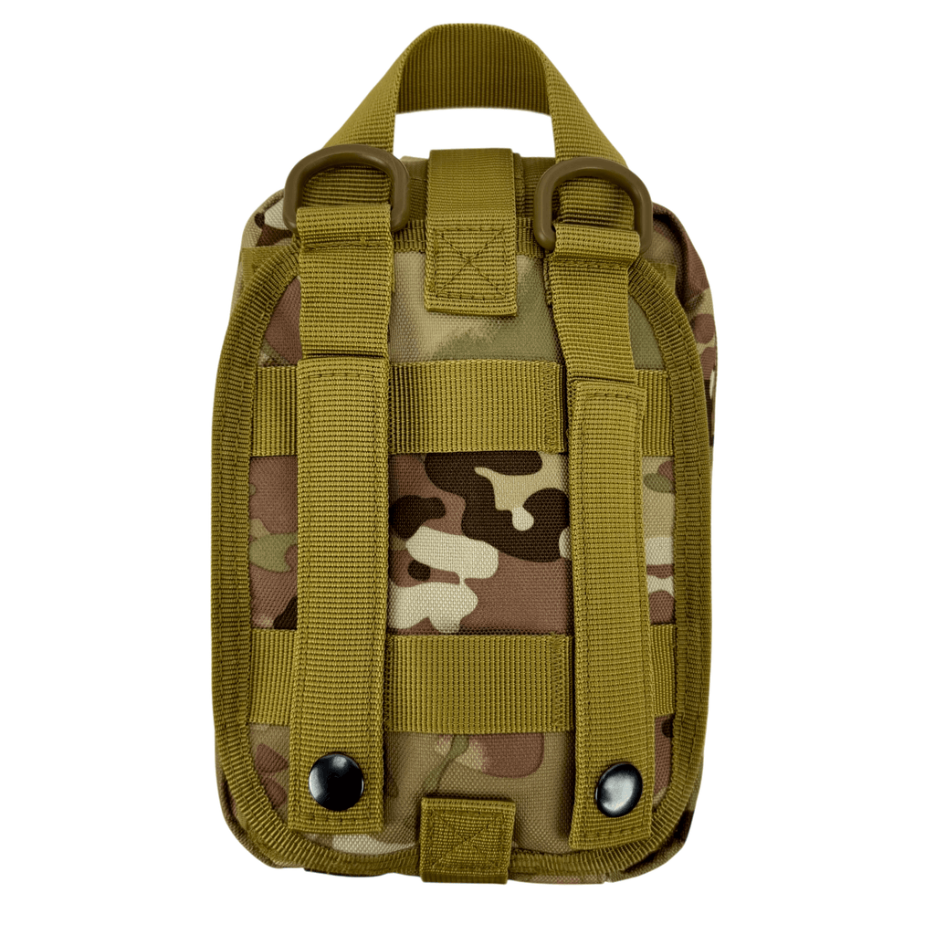H2K ESSENTIAL TRAUMA KIT MULTICAM BACK PROFILE. D RINGS, MOLLE WEBBING, TEAR AWAY VELCRO, TOP HOOK