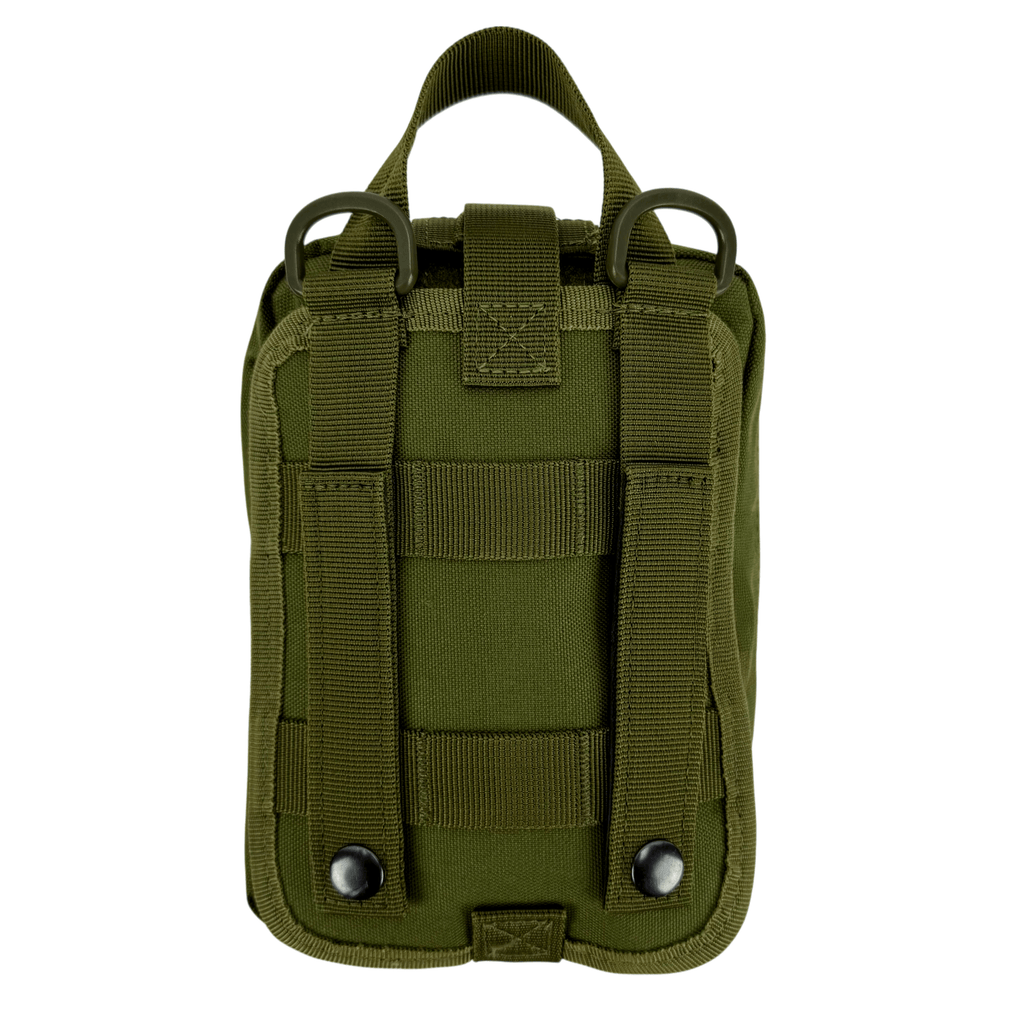 H2K ESSENTIAL TRAUMA KIT GREEN BACK PROFILE. D RINGS, MOLLE WEBBING, TEAR AWAY VELCRO, TOP HOOK