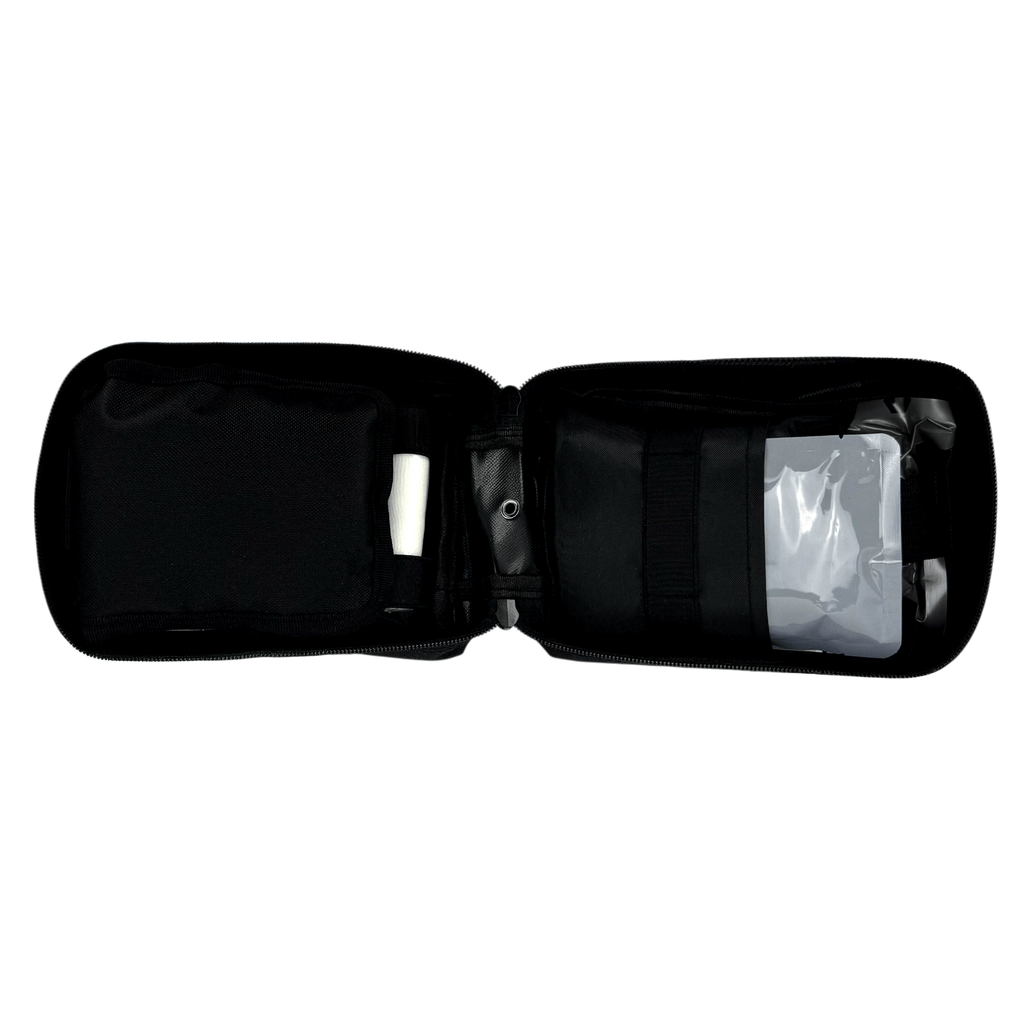 H2K PREMIUM BLACK IFAK AND FIRST AID KIT OPEN VIEW. MULTIPLE STORAGE PUCHES AND BOTTOM DRIAN HOLE. 