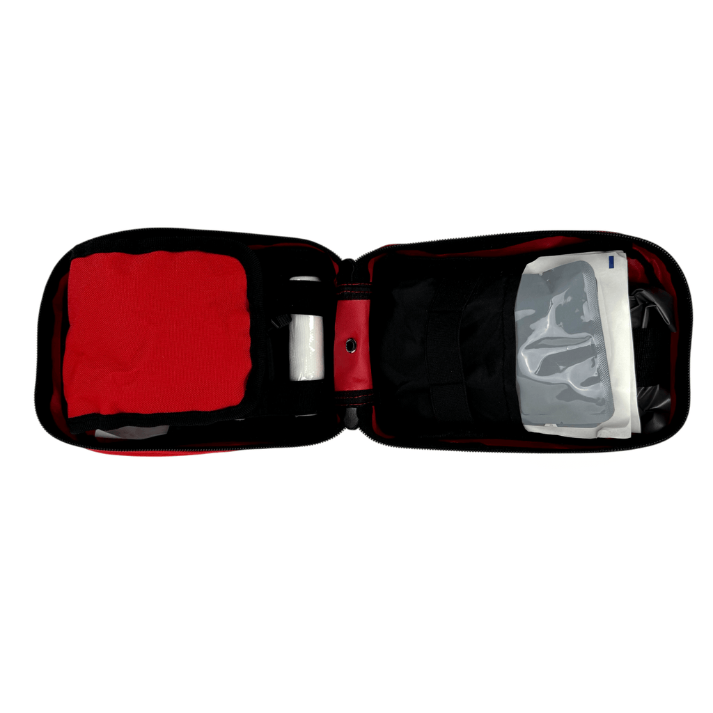 H2K PREMIUM RED IFAK AND FIRST AID KIT OPEN VIEW. MULTIPLE STORAGE PUCHES AND BOTTOM DRIAN HOLE. 