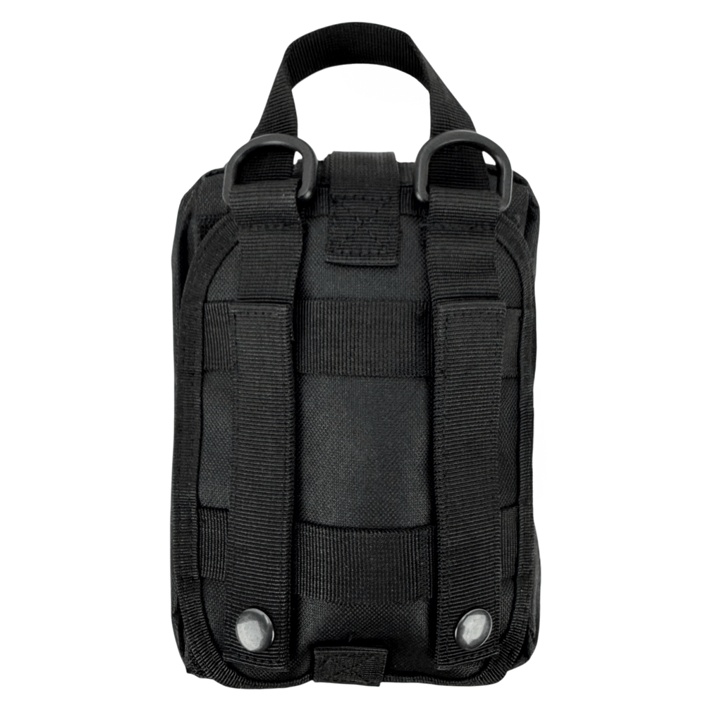 H2K PREMIUM TRAUMA KIT BLACK BACK PROFILE. D RINGS, MOLLE WEBBING, TEAR AWAY VELCRO, TOP HOOK